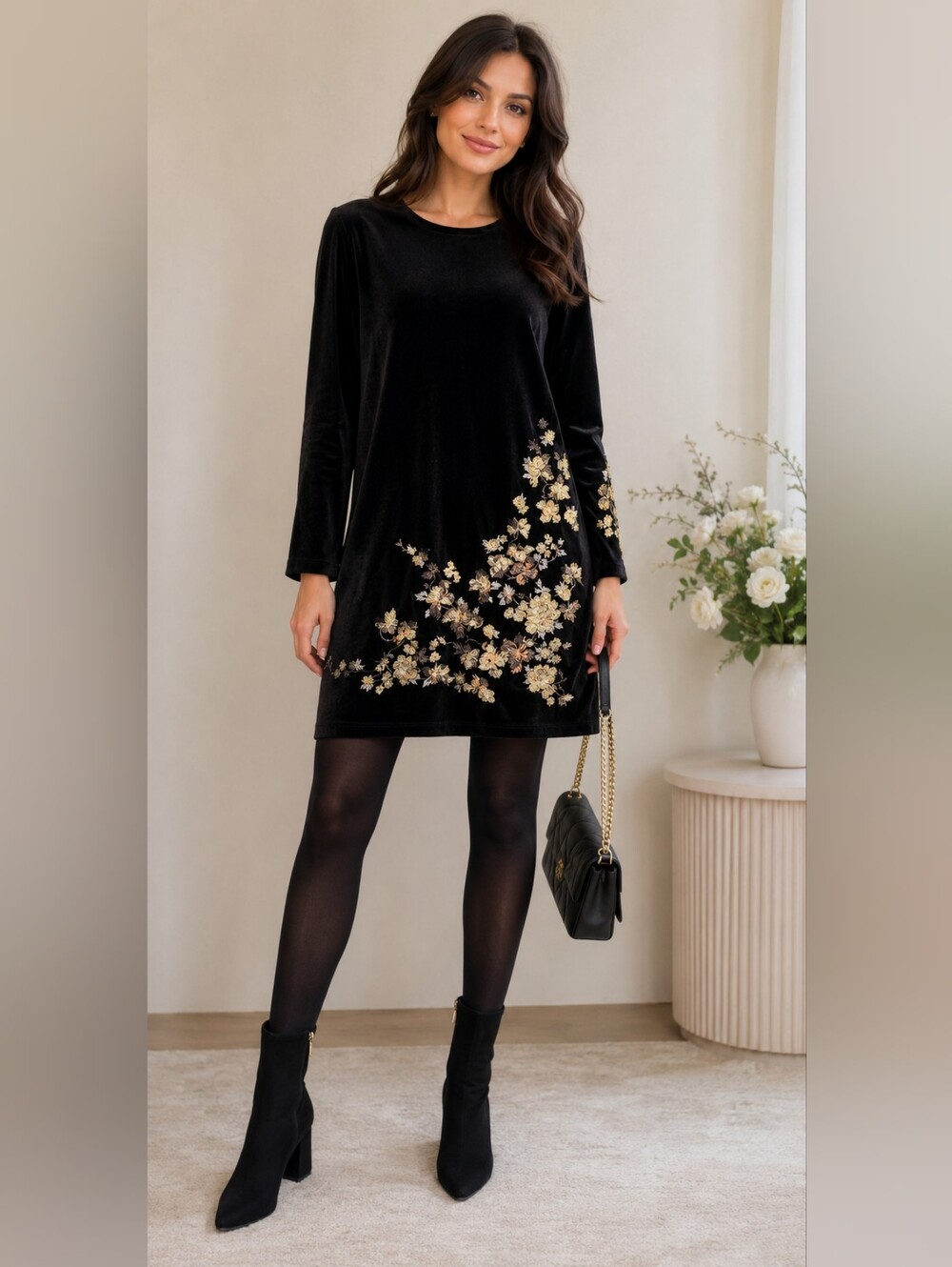 ASOS Black Velvet Mini Dress with Gold Floral Embroidery